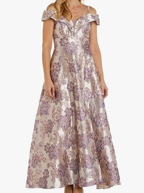 Nightway Long Off-Shoulder Metallic Floral Brocade Gown in Champagne & Lavender